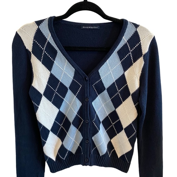 Brandy Melville Elizabeth Argyle Cardigan In Navy Blue & White - Picture 4 of 14